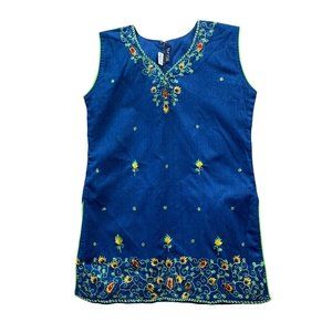 Medium Girls Brisa Blue Indian Style Top Blouse Sleeveless Embroidered Floral